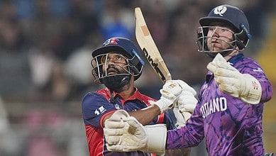 Nepal's Dipendra Singh Airee, left, plays a shot during the ICC Men's T20 World Cup 2026 cricket match between Scotland and Nepal in Mumbai on Tuesday. (PTI Photo/Kunal Patil)