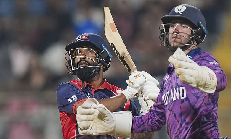 Nepal's Dipendra Singh Airee, left, plays a shot during the ICC Men's T20 World Cup 2026 cricket match between Scotland and Nepal in Mumbai on Tuesday. (PTI Photo/Kunal Patil)