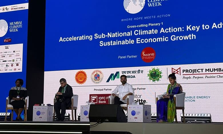 Revanth Reddy speaking at the climate action panel during Mumbai Climate Week.