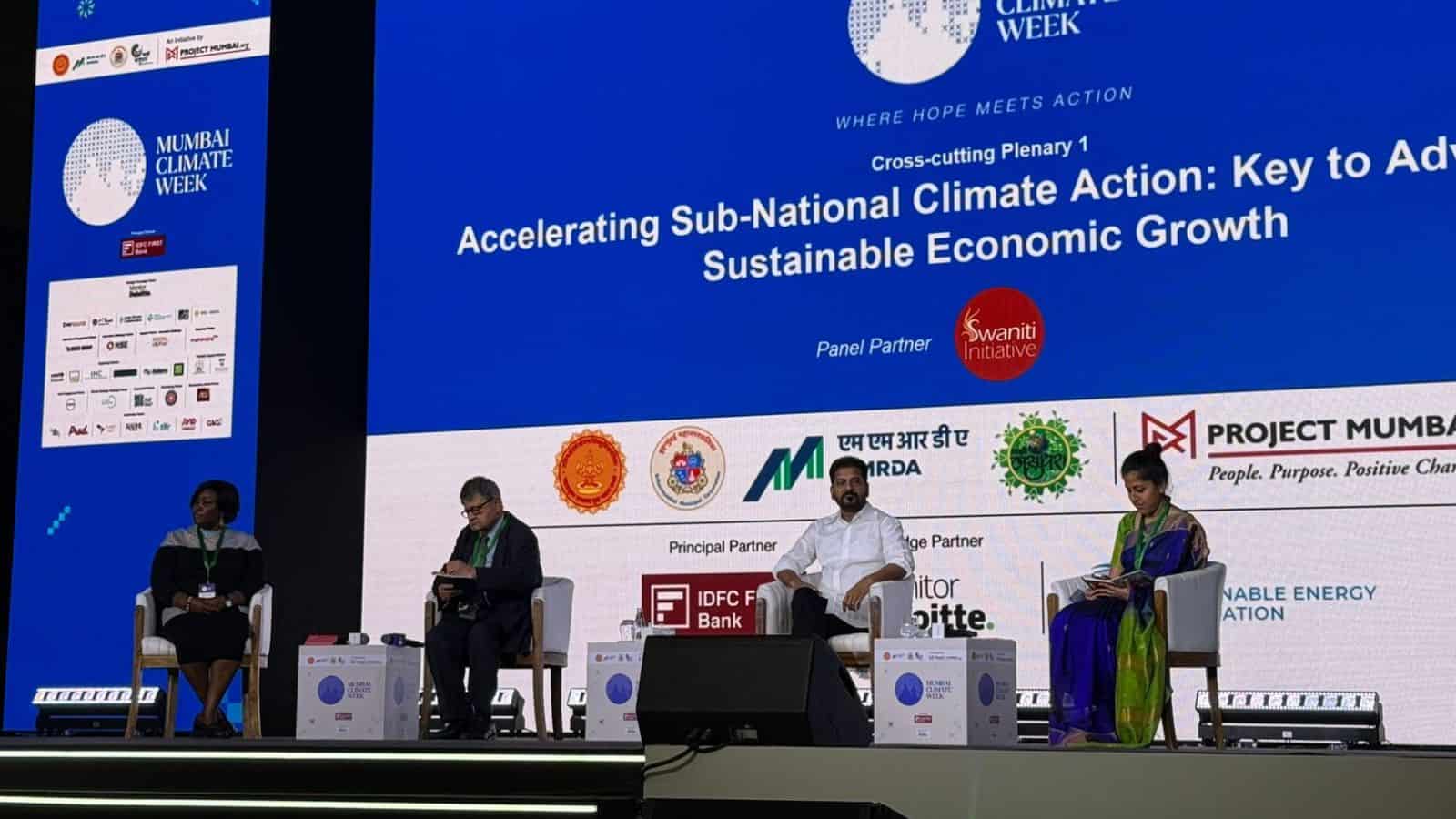 Revanth Reddy speaking at the climate action panel during Mumbai Climate Week.