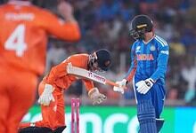 Indian cricket players celebrating victory after match against Netherlands.