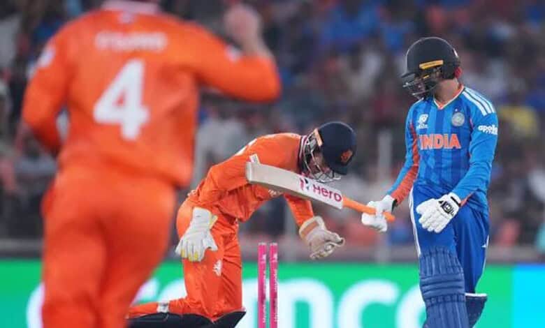Indian cricket players celebrating victory after match against Netherlands.