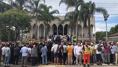 Crowds gather outside Australia's largest mosque during Ramzan evening prayers.