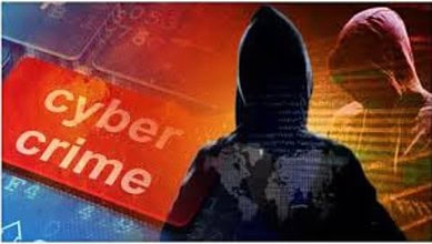 Cyber crime warning sign with hooded hacker silhouette.