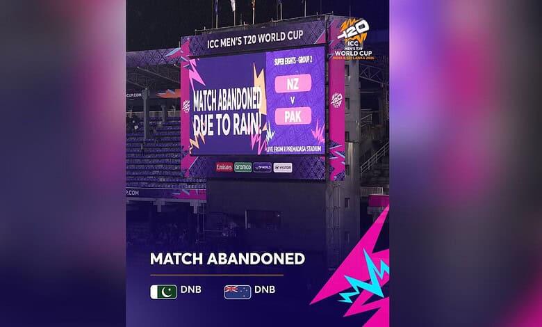 Rain causes match cancellation at T20 World Cup 2026 between Pakistan and New Zealand.