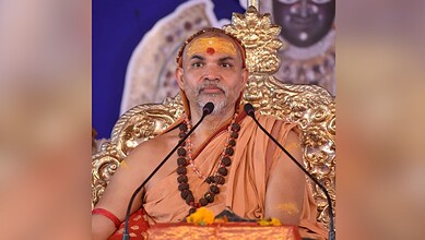 Religious leader Swami Avimukteshwaranand during a press conference on FIR under POCSO Act.