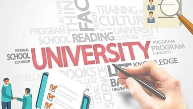 Hand holding a pen and checklist with "University" text in the background, promoting registration startin.