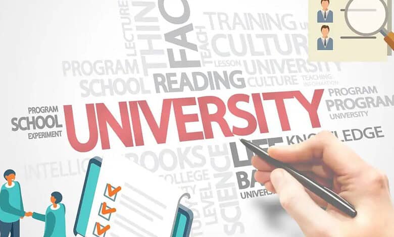 Hand holding a pen and checklist with "University" text in the background, promoting registration startin.