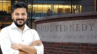 Telangana Chief Minister speaking at Harvard AI Policy Symposium, engaging in policy discussions.