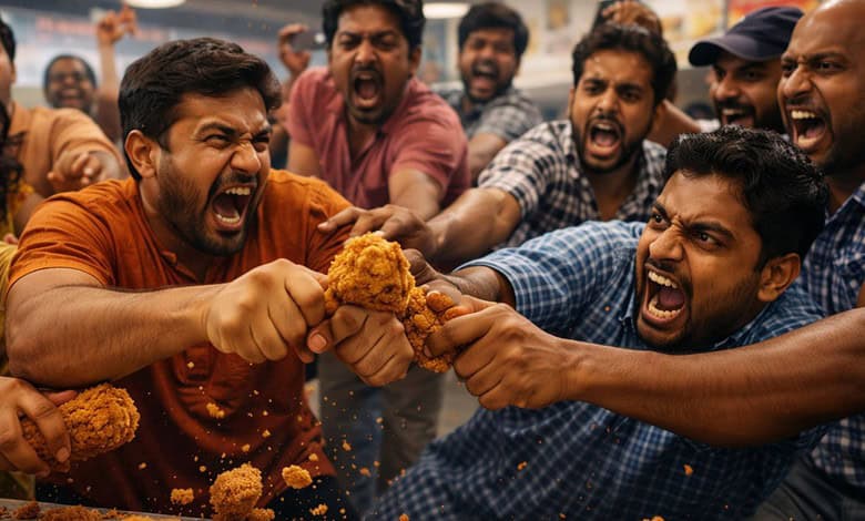 Students engaged in a lively chicken fight during a campus event at Kakatiya University.