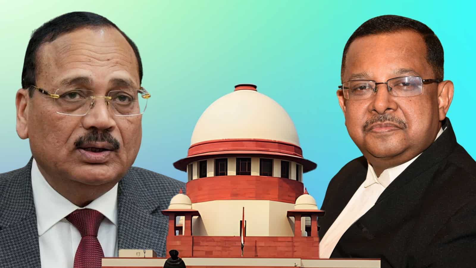 Two Indian Supreme Court judges in discussion, with the court building in the background.