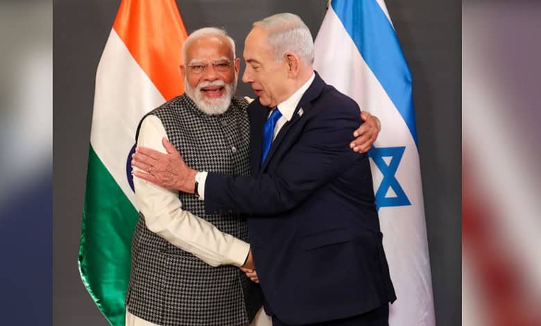 Indian Prime Minister Modi and Israeli Prime Minister Netanyahu sharing a warm handshake and smile during.