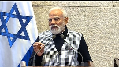 Prime Minister Narendra Modi speaking at Knesset, emphasizing India's strong stance with Israel.