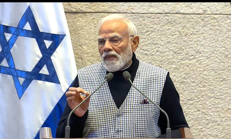 Prime Minister Narendra Modi speaking at Knesset, emphasizing India's strong stance with Israel.