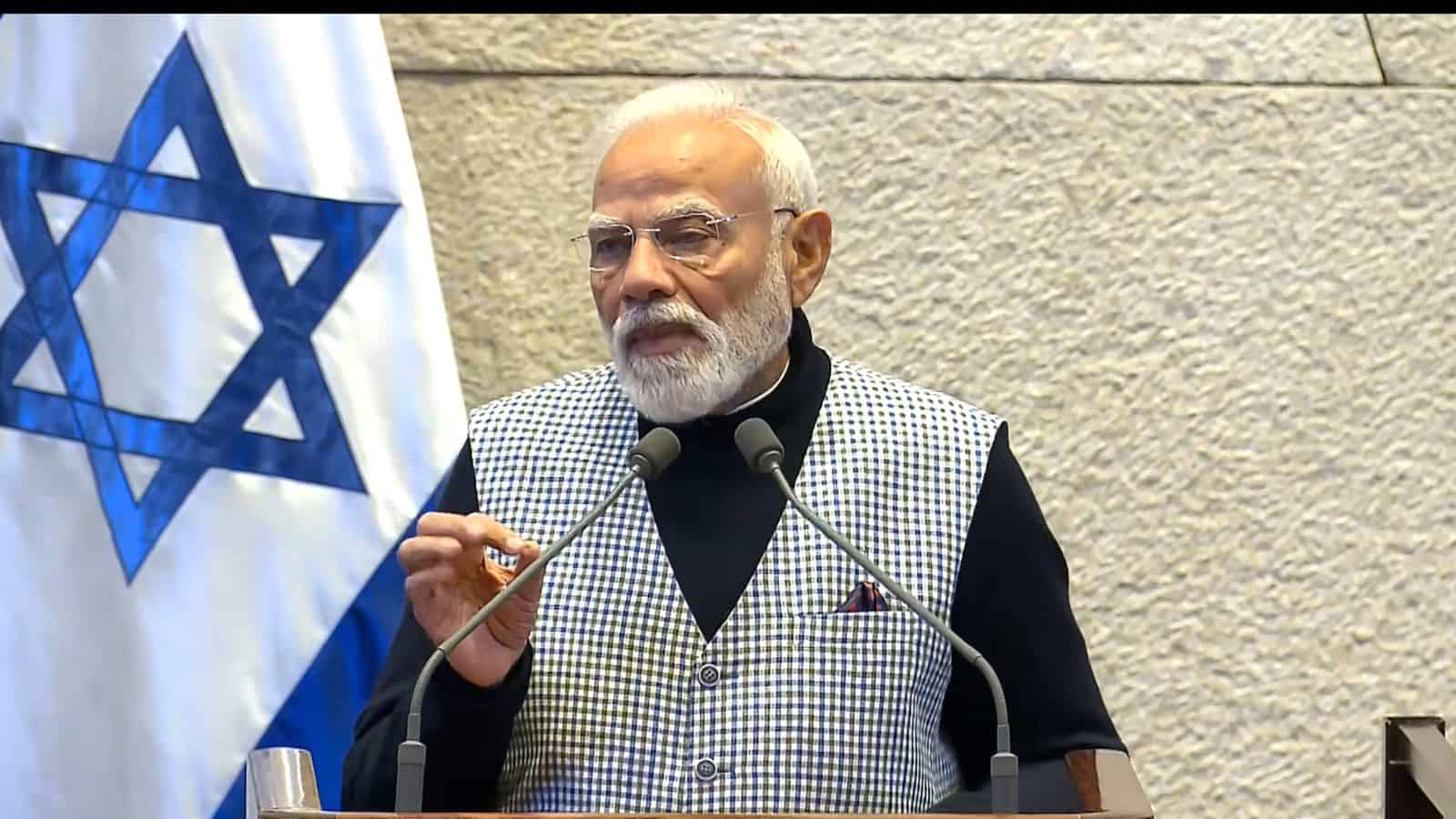 Prime Minister Narendra Modi speaking at Knesset, emphasizing India's strong stance with Israel.