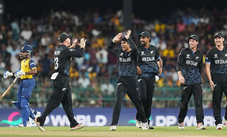 New Zealand cricket players celebrating after winning against Sri Lanka in T20 World Cup match.