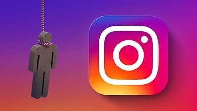 Instagram alert icon with a hanging figure and the Instagram logo on a colourful background.