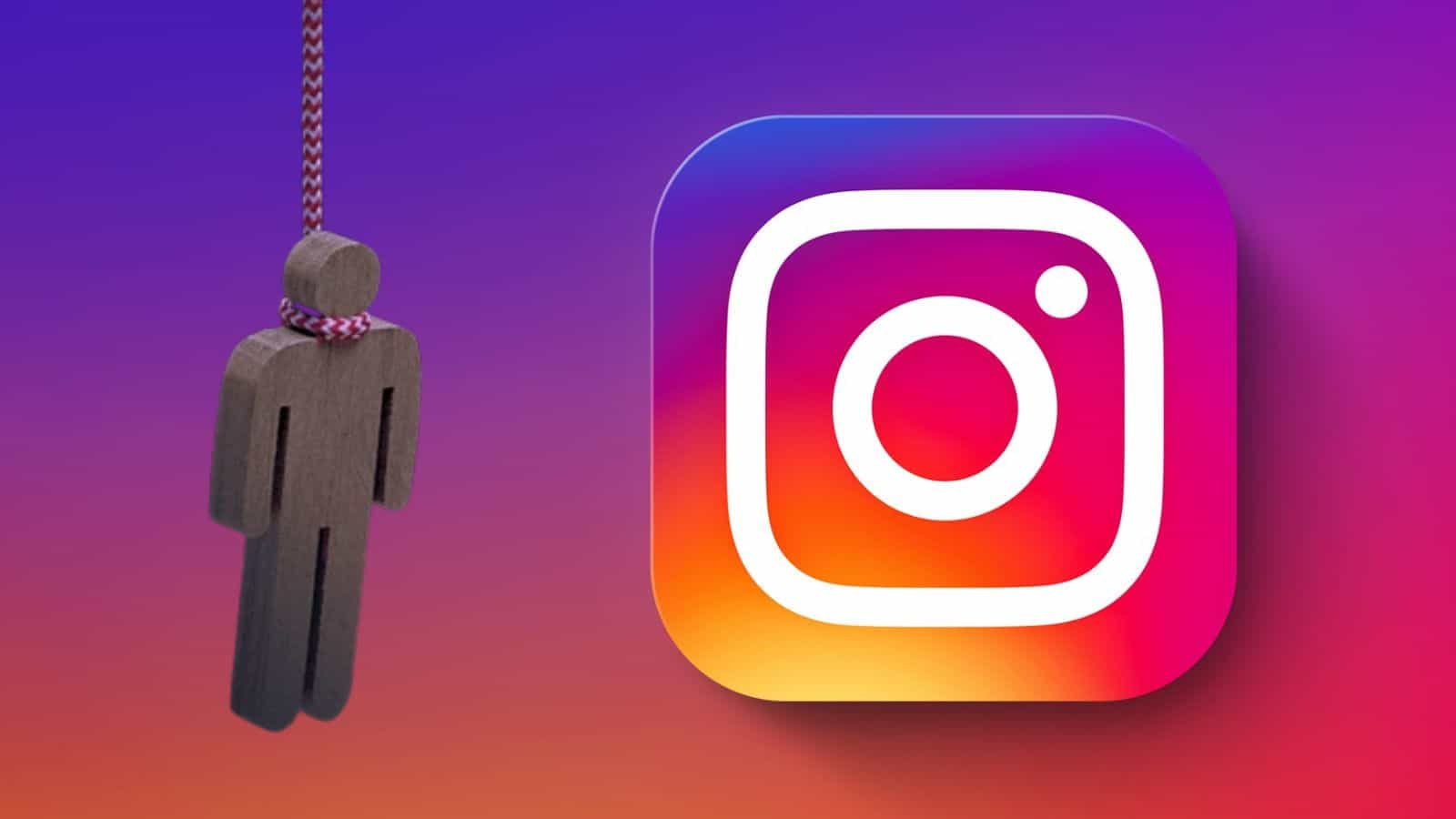 Instagram alert icon with a hanging figure and the Instagram logo on a colourful background.
