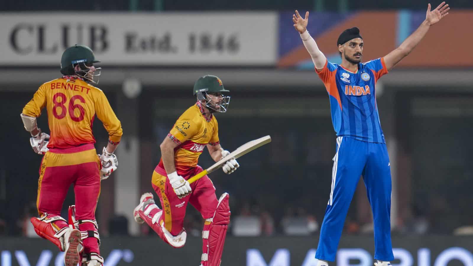 Indian cricketers celebrating a successful play in the T20 World Cup match.