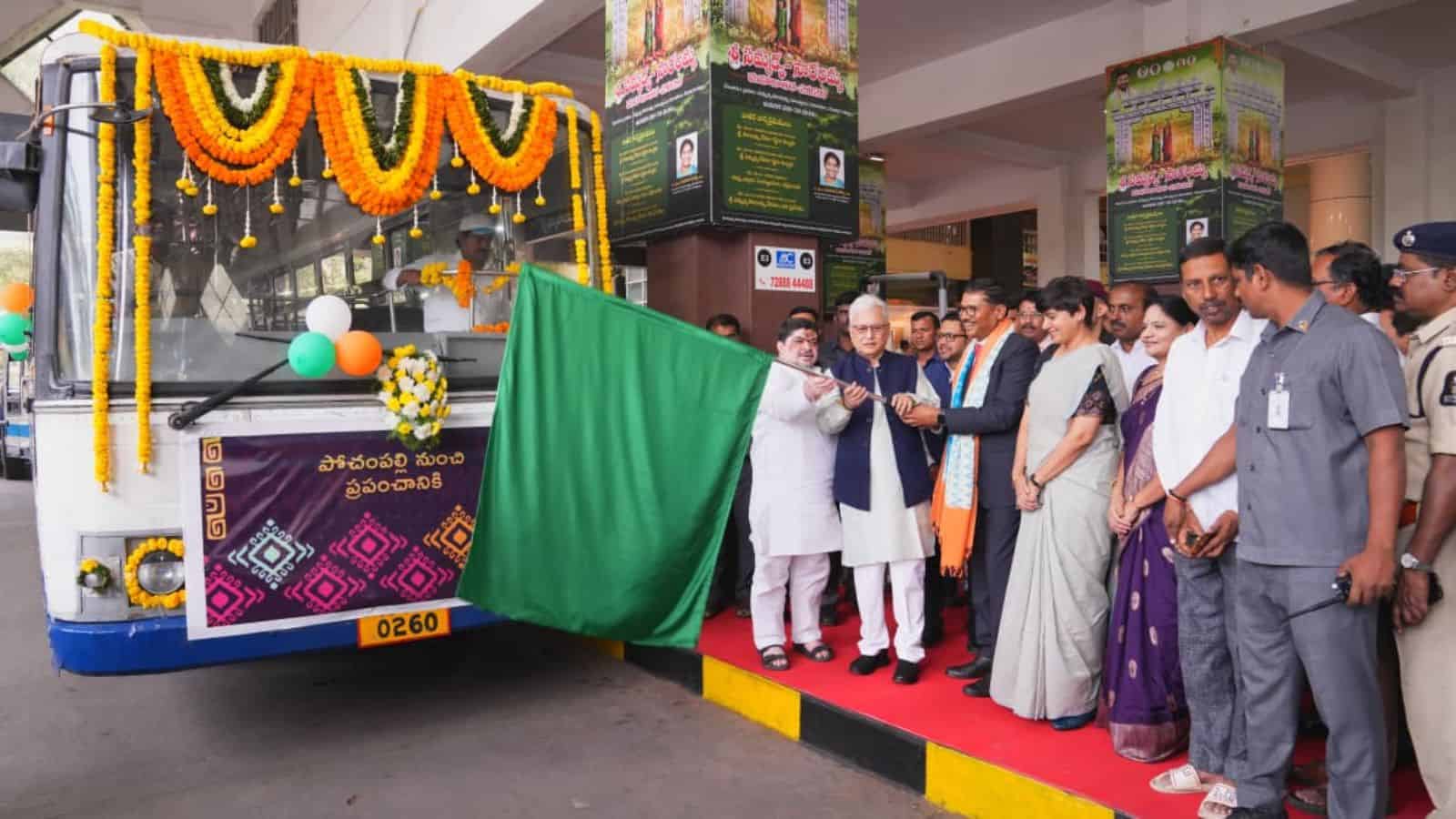 Telangana’s GI heritage showcased on TGSRTC buses during statewide unveiling event.