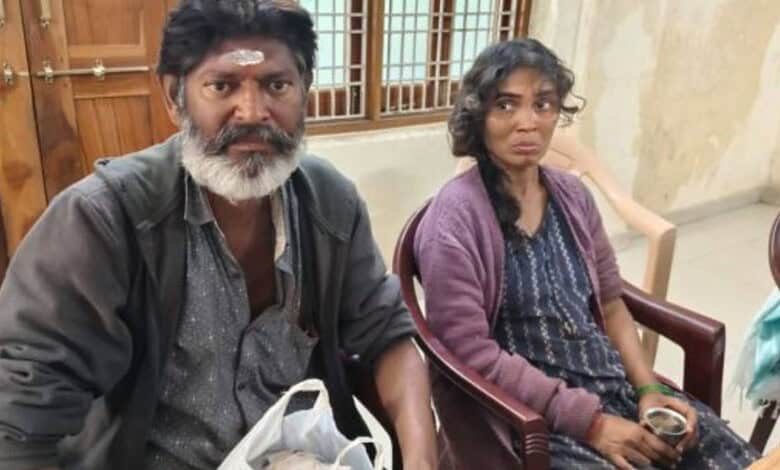 The image shows Jalandhar Reddy and Sireesha, the couple who became alms-seekers at the Vemulawada temple after losing livelihood and health after the Covid-19 pandemic.