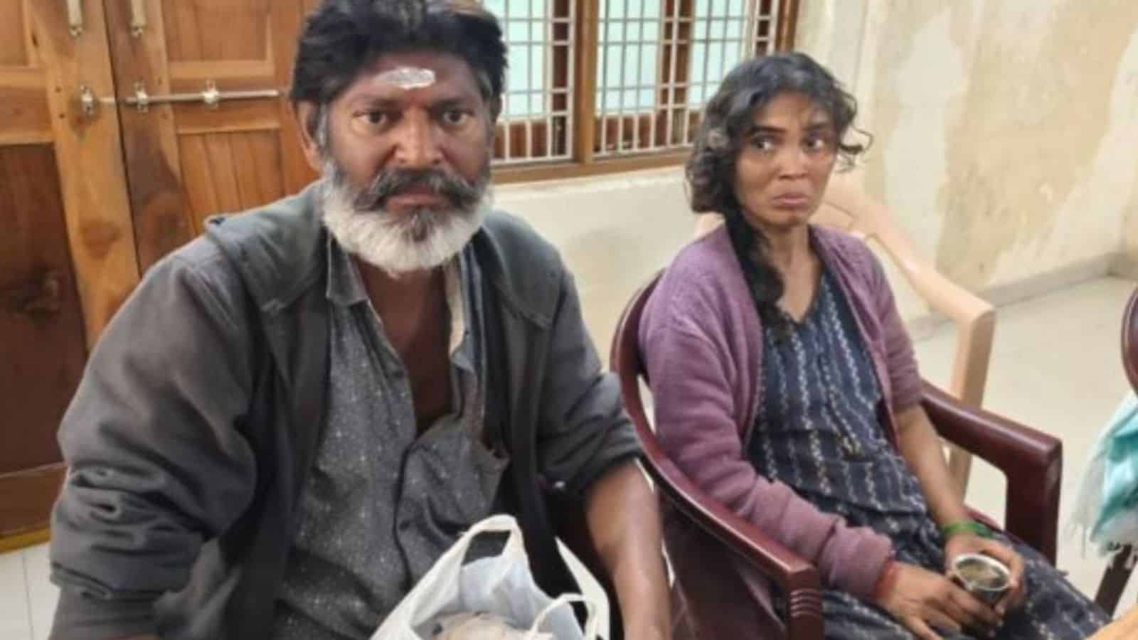 The image shows Jalandhar Reddy and Sireesha, the couple who became alms-seekers at the Vemulawada temple after losing livelihood and health after the Covid-19 pandemic.