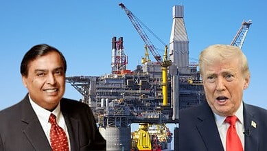 Image showing Mukesh Ambani, Donald trump and an oil rig