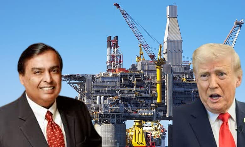 Image showing Mukesh Ambani, Donald trump and an oil rig