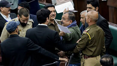 Jammu: BJP MLA Vikram Randhawa protests during the Budget session of the Jammu and Kashmir Assembly, in Jammu, Friday, Feb. 13, 2026. (PTI Photo)