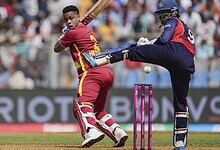 West Indies batter facing a fast bowler during T20 World Cup game.