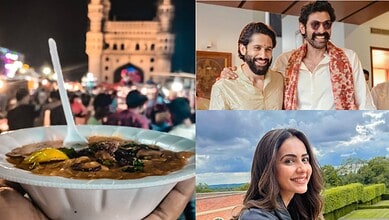 A bowl of Haleem with Hyderabad's Charminar in the background, popular among Telugu actors for its rich t.
