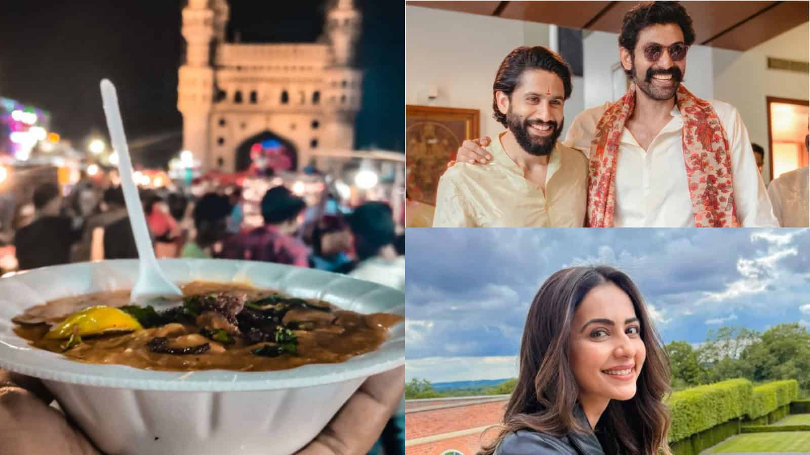 A bowl of Haleem with Hyderabad's Charminar in the background, popular among Telugu actors for its rich t.