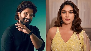 Allu Arjun and Mrunal Thakur together, smiling and posing for a photo.