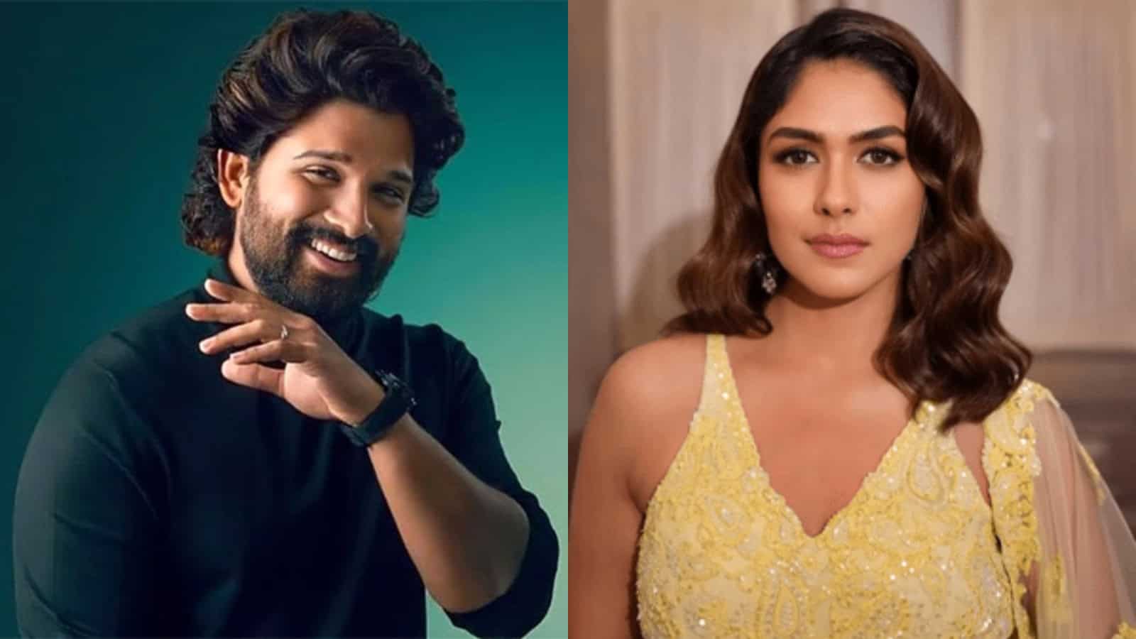 Allu Arjun and Mrunal Thakur together, smiling and posing for a photo.