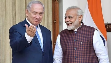 Indian Prime Minister Narendra Modi with Israeli Prime Minister Benjamin Netanyahu during an official meeting.