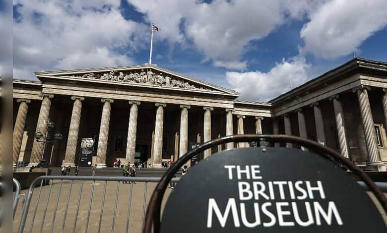 Exterior of the British Museum with classical architecture and columns.