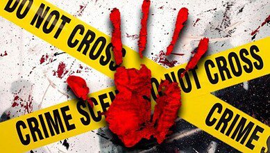 Image of a blood-stained handprint with crime scene tape, indicating a suspicious death.