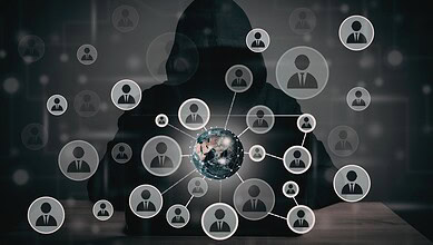 Digital network of interconnected people representing cybercrime and online security threats.
