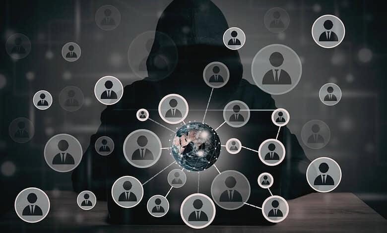 Digital network of interconnected people representing cybercrime and online security threats.