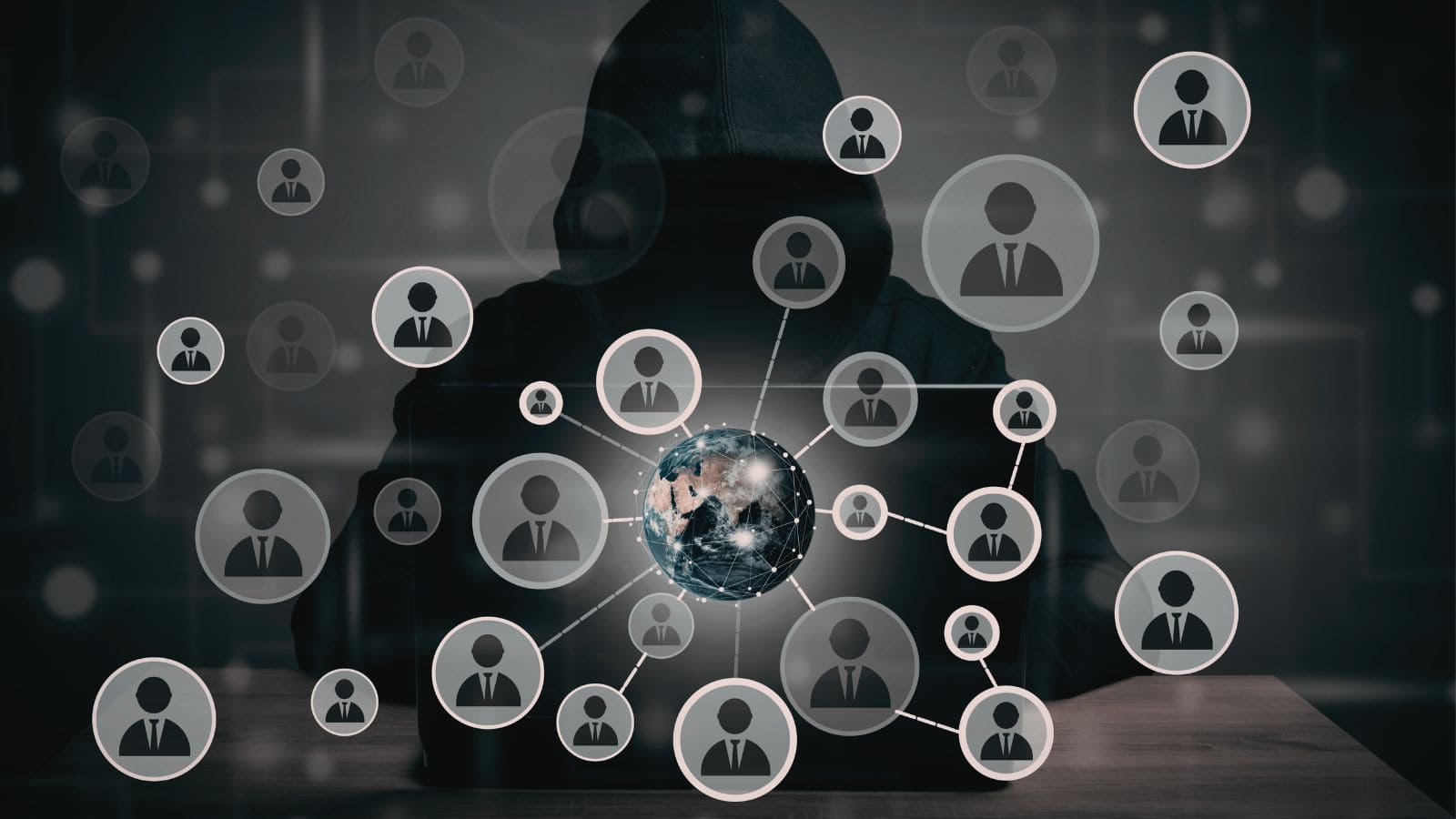 Digital network of interconnected people representing cybercrime and online security threats.
