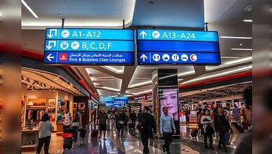 Passengers walk through a departure terminal at Dubai International Airport with gate signs overhead.