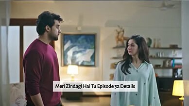 An emotional scene from Meri Zindagi Hai Tu episode 32 featuring a man and woman in conversation at home.