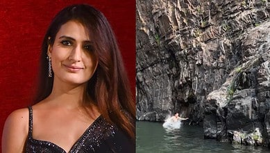 Fatima Sana Shaikh jumping off a cliff in Goa, stunning fans with her adventurous spirit.