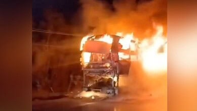 Private bus catches fire near Nandigama in Andhra Pradesh