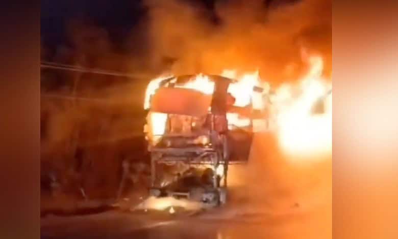 Private bus catches fire near Nandigama in Andhra Pradesh