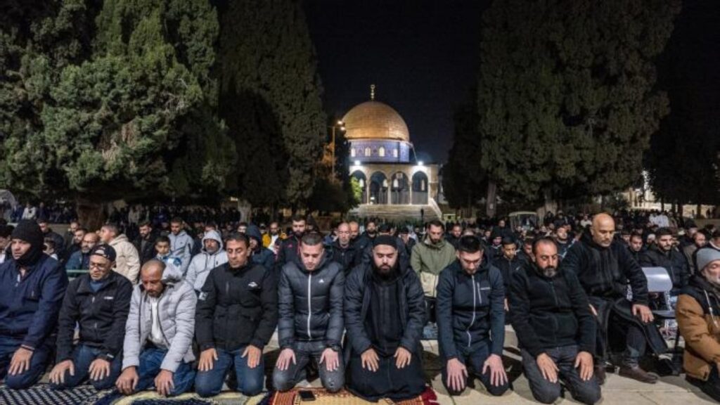 Worshippers perform first Ramzan Taraweeh prayers in Jerusalem near Al-Aqsa Mosque.