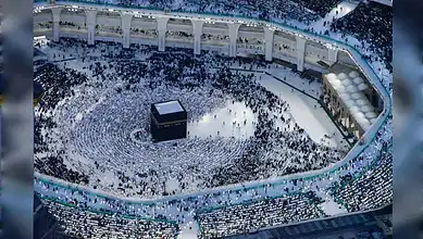 Aerial view of pilgrims performing Tawaf around the Kaaba at the Grand Mosque in Makkah during evening prayers.