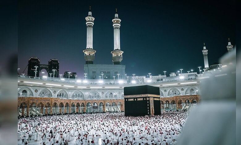Muslim worshippers gathered around the Holy Kaaba at the Grand Mosque in Makkah during night prayers in Ramzan.