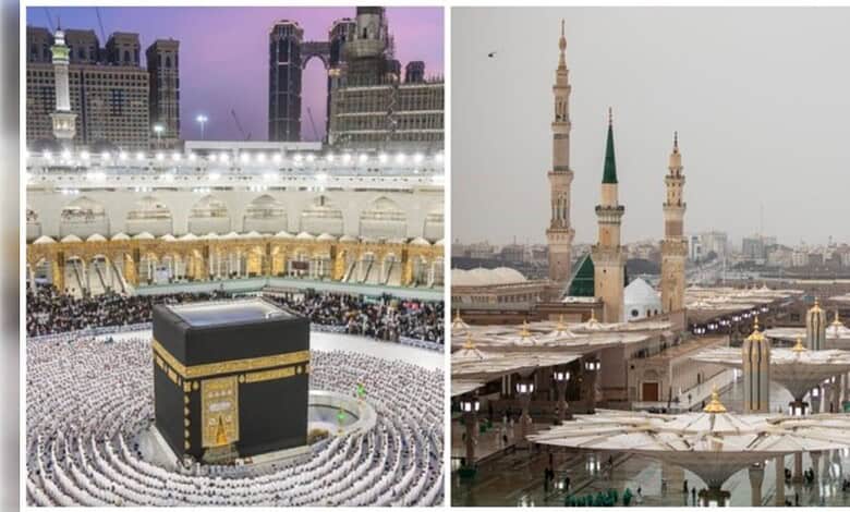 Worshippers gather around the Kaaba at the Grand Mosque in Makkah and a view of the Prophet’s Mosque in Madinah.
