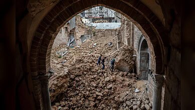 Ruins of historic mosques and churches destroyed during Gaza conflict.